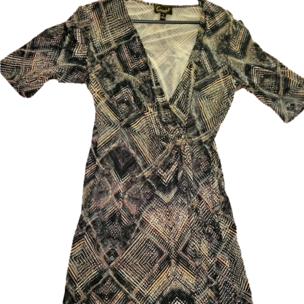 Connected Apparel V-neck Faux Wrap 3/4 Sleeve Dress Sz 12 Navy Print